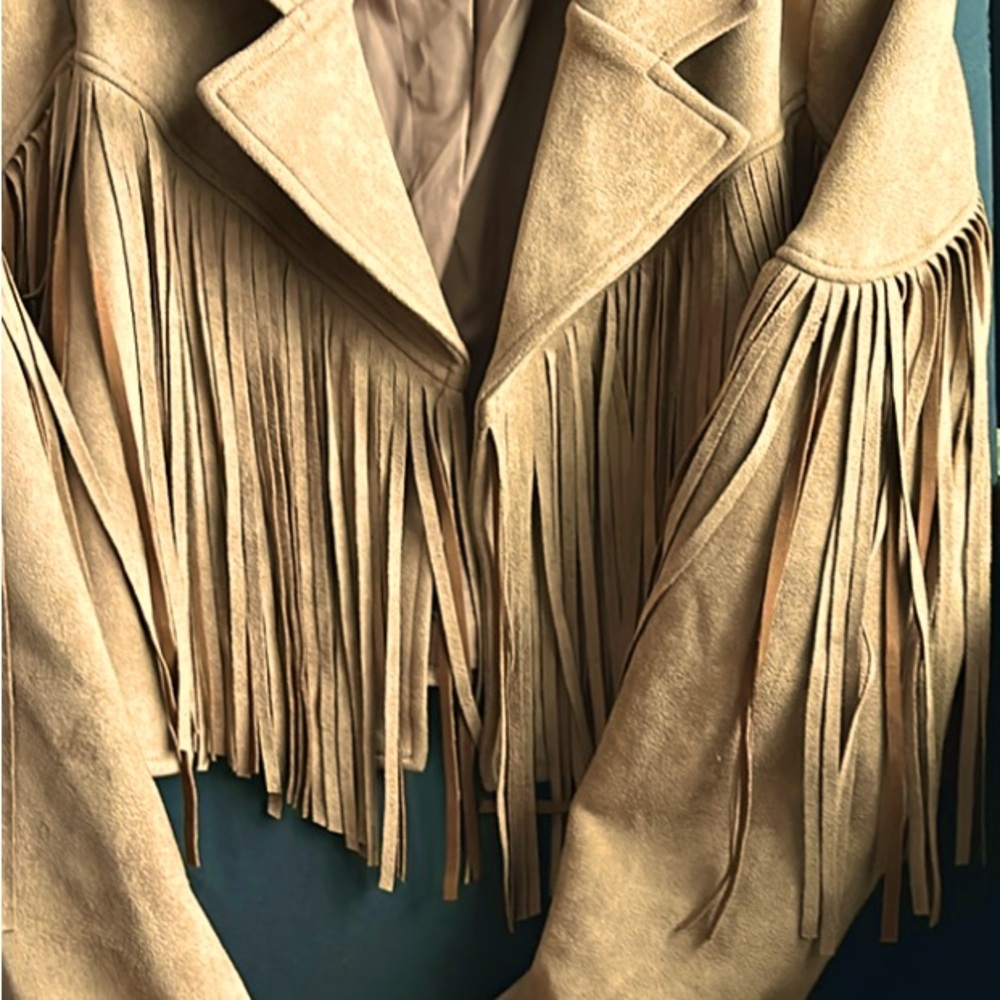 Fringed Suede Cropped Jacket in Tan - Picture 4 of 11